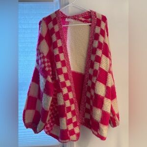 Pink Lily Vibrant Pink and Cream Checkered Cardigan